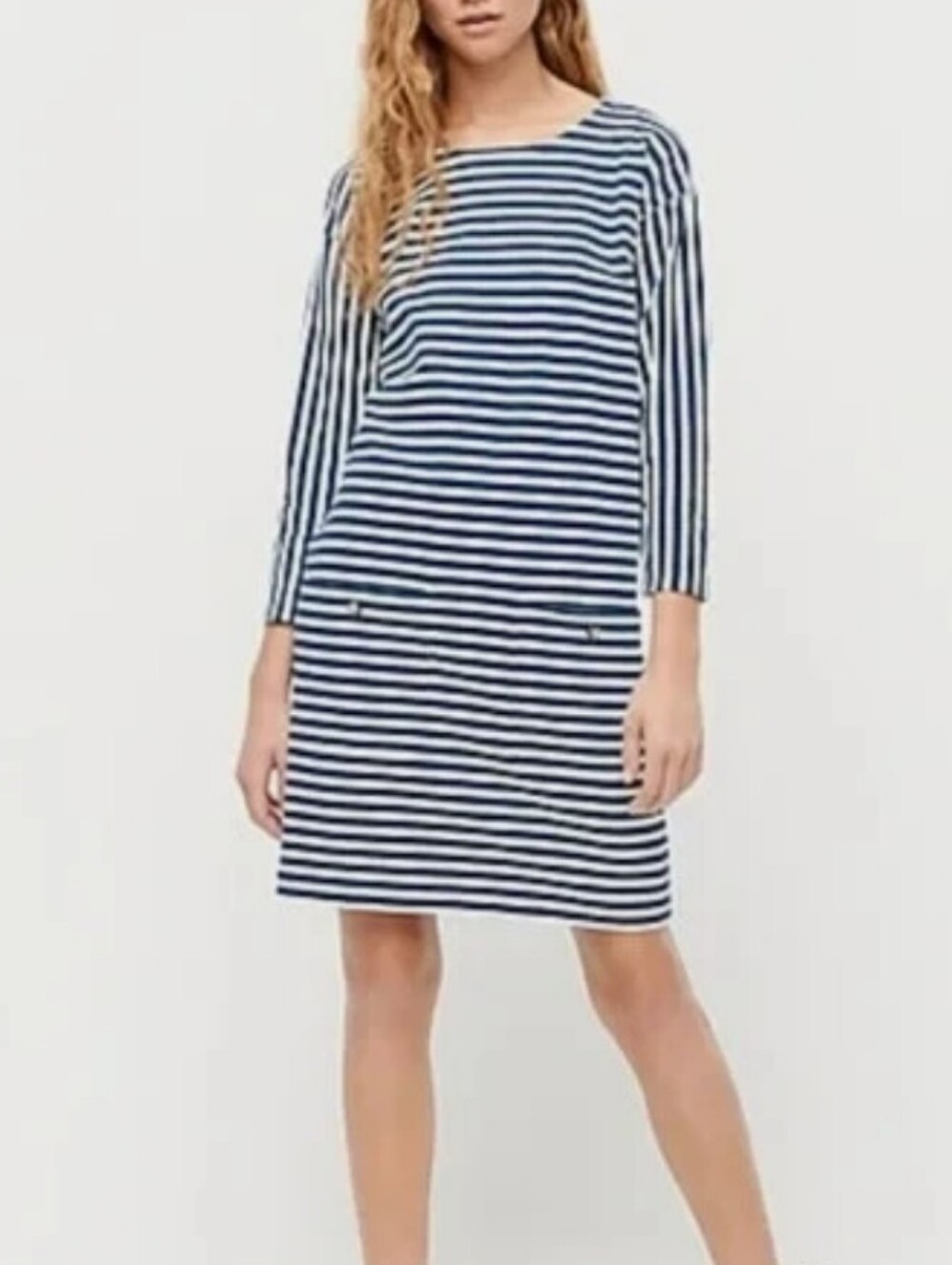 J. Crew Knit Front-Pocket Shift Dress in Bluw & White Stripe Size Small